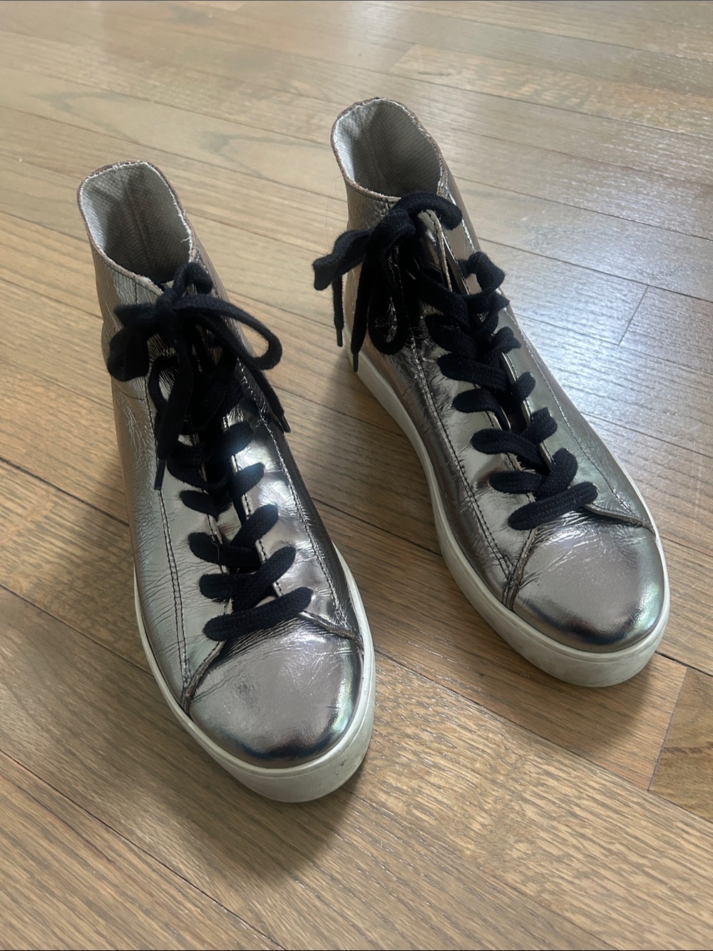 Allsaints Metallic Silver High-Top Sneakers with Black Laces
